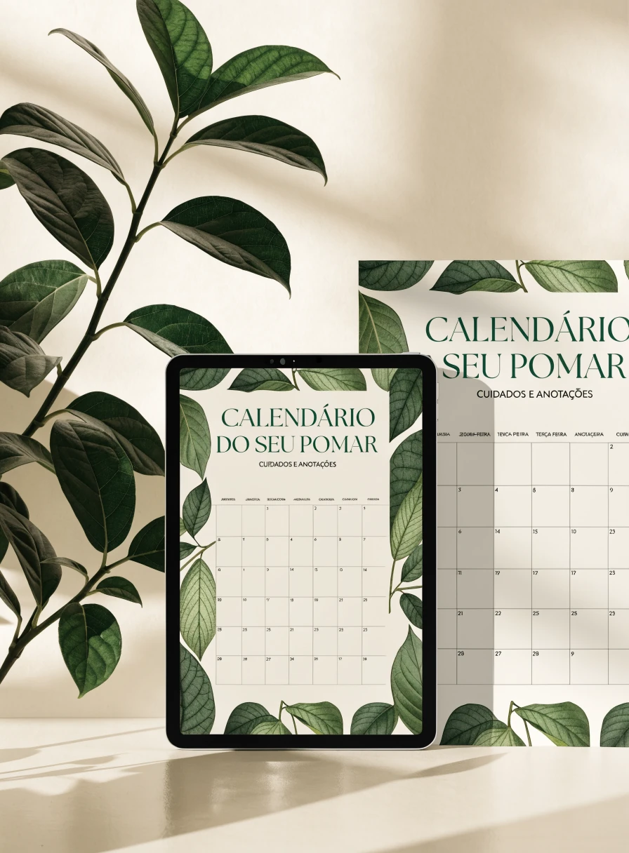 Mockup digital do bônus Calendário do Seu Pomar, Cuidados e Anotações.