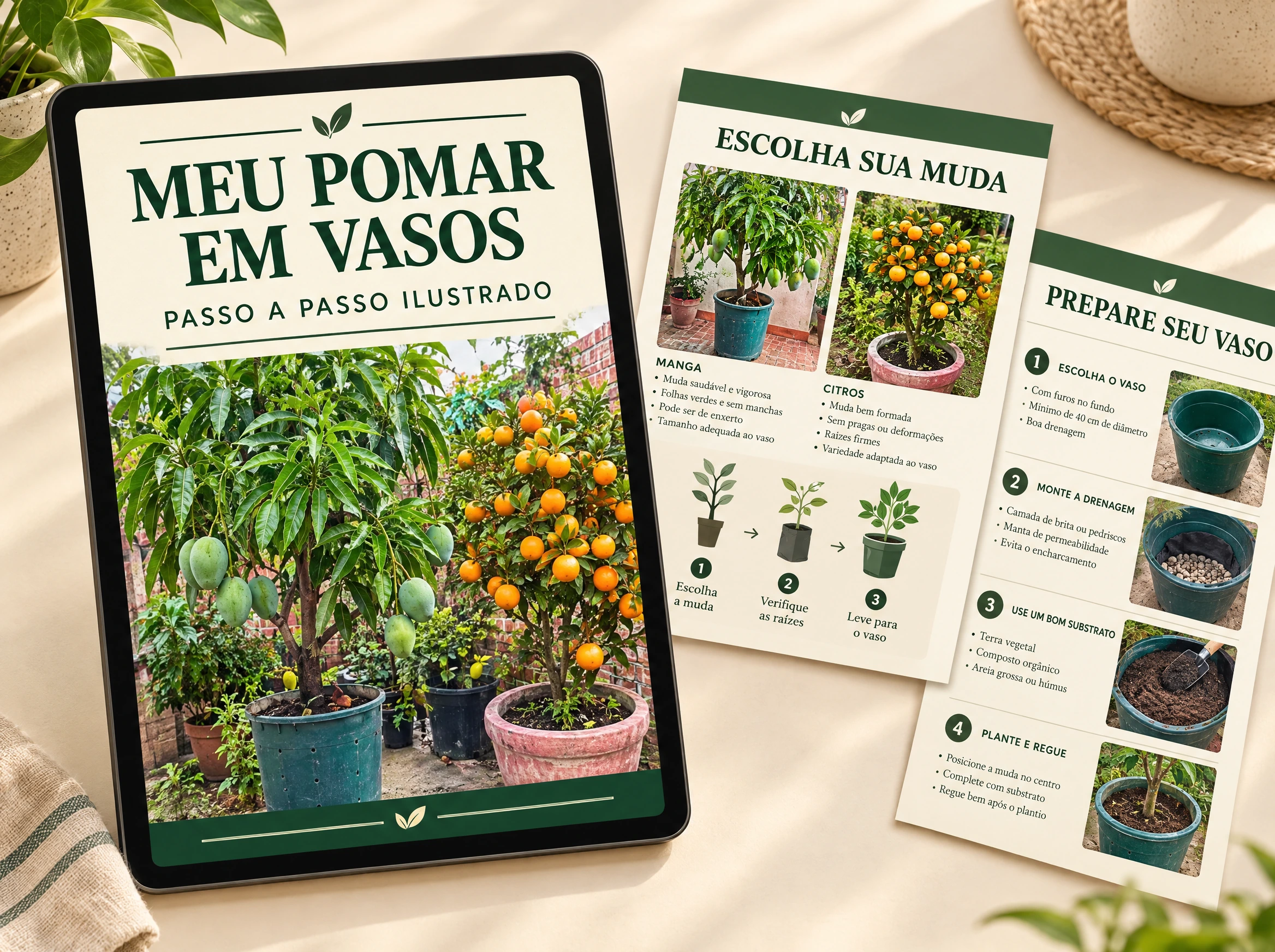 Mockup do guia Meu Pomar em Vasos em um tablet, com fotos de mangueiras e cítricos em vasos na capa e nas páginas.